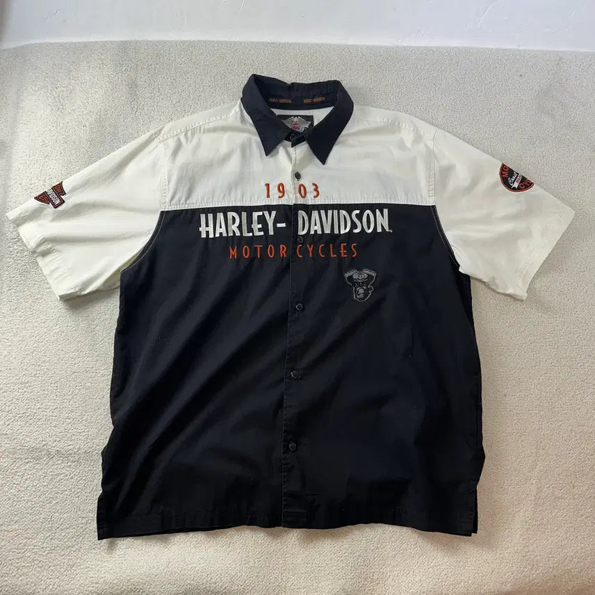 [BUNJANG] 90s Harley-Davidson Military Motorcycle Vintage T-Shirt / 105 90s 할리데이비슨 밀리터리 모터사이클 빈티지 흰검 반팔 셔츠 #254
