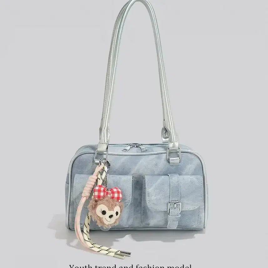 [BUNJANG] Denim Pattern Shoulder Bag with Keyring / 데님무늬 숄더백 키링 포함.새제품