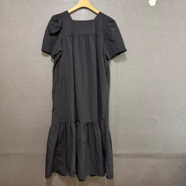 [BUNJANG] Women's Black Relaxed Fit Puff Sleeve Long T-Shirt Dress / F 여성 바스락 루즈핏 블랙 퍼프소매 반팔 롱 원피스 BO2599