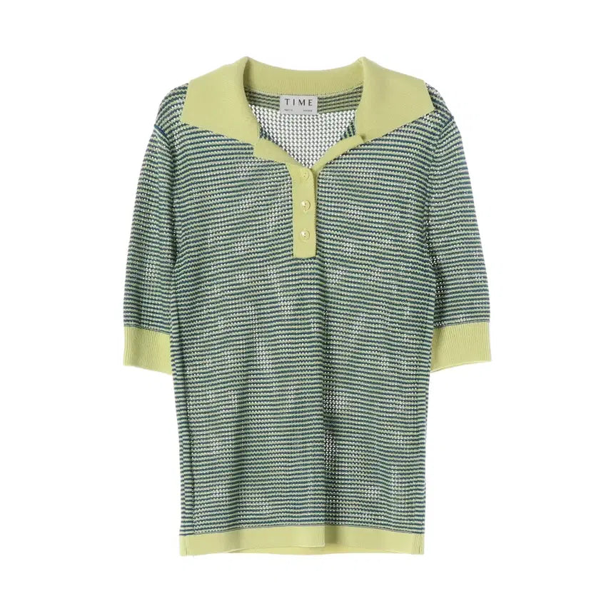 [BUNJANG] TIME 21SS Stripe Silk Blend Short Sleeve Collar Knit Sweater / 타임 21SS 스트라이프 실크 블렌드 반팔 카라 니트 스웨터