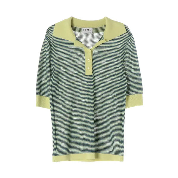 [BUNJANG] TIME 21SS Stripe Silk Blend Short Sleeve Collar Knit Sweater / 타임 21SS 스트라이프 실크 블렌드 반팔 카라 니트 스웨터