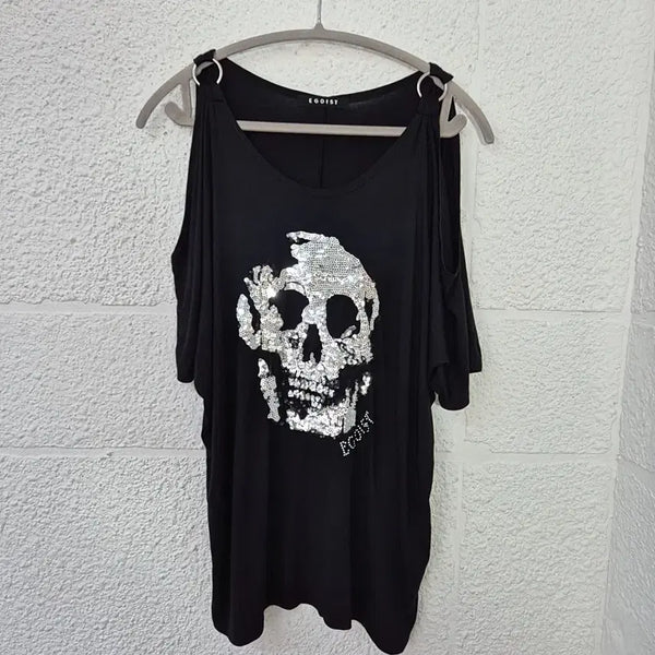 [BUNJANG] Egoist Skull Cubic Off-Shoulder Short-Sleeve T-Shirt / 에고이스트 스컬 큐빅 오프숄더 반팔 티셔츠