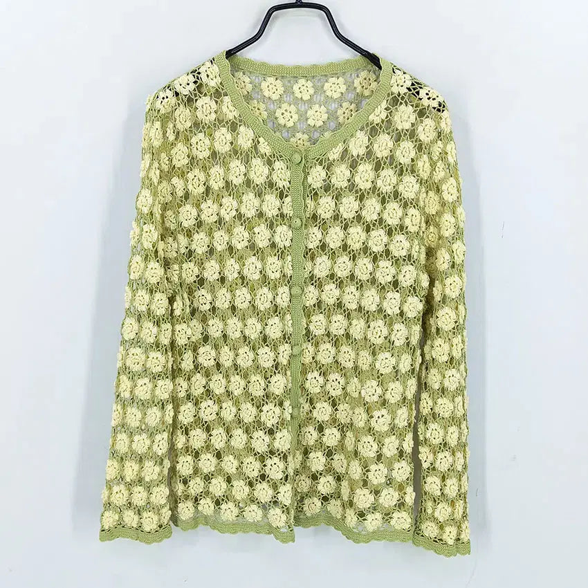 [BUNJANG] Vintage Women's 9-Sleeve Net Knit Cardigan Green / 빈티지 여성 여름 9부소매 그물뜨개 가디건 그린 (HU46142)