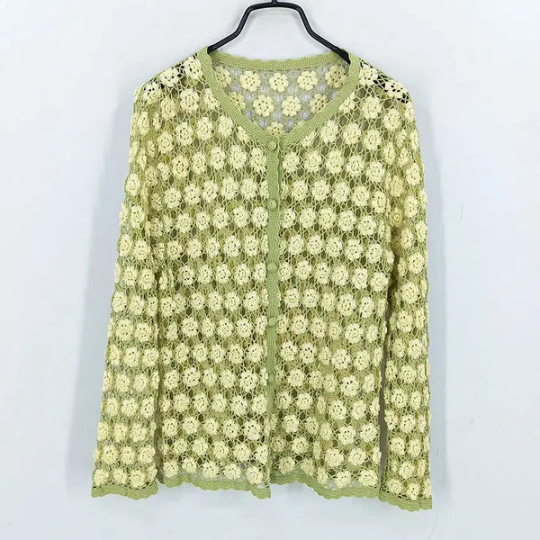 [BUNJANG] Vintage Women's 9-Sleeve Net Knit Cardigan Green / 빈티지 여성 여름 9부소매 그물뜨개 가디건 그린 (HU46142)