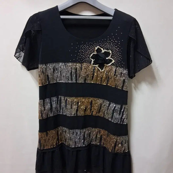 [BUNJANG] Black Flower Cubic Stripe Chiffon Dress L / 블랙 플라워 장식 큐빅 스트라이프 쉬폰 원피스 L