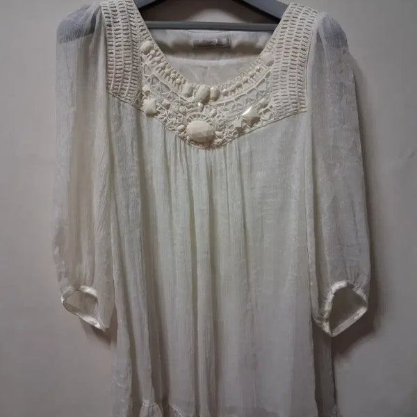 [BUNJANG] White Crochet Beaded Dress / 화이트 크로셰 비즈 장식 원피스100