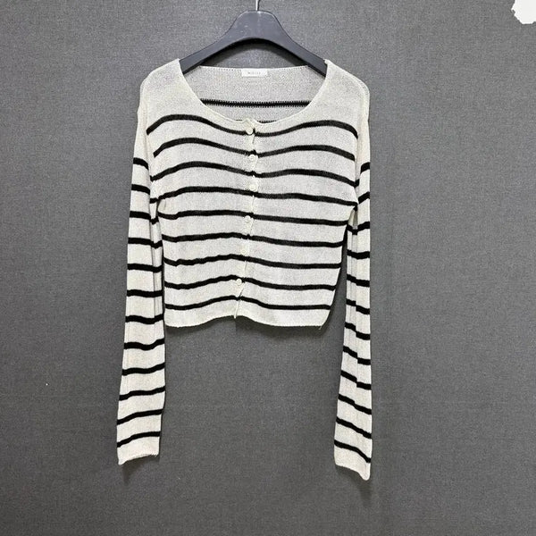 [BUNJANG] Women's Striped Summer Knit Cardigan White/Black / F 여성 단가라 여름 니트 가디건 화이트/블랙 BO2604