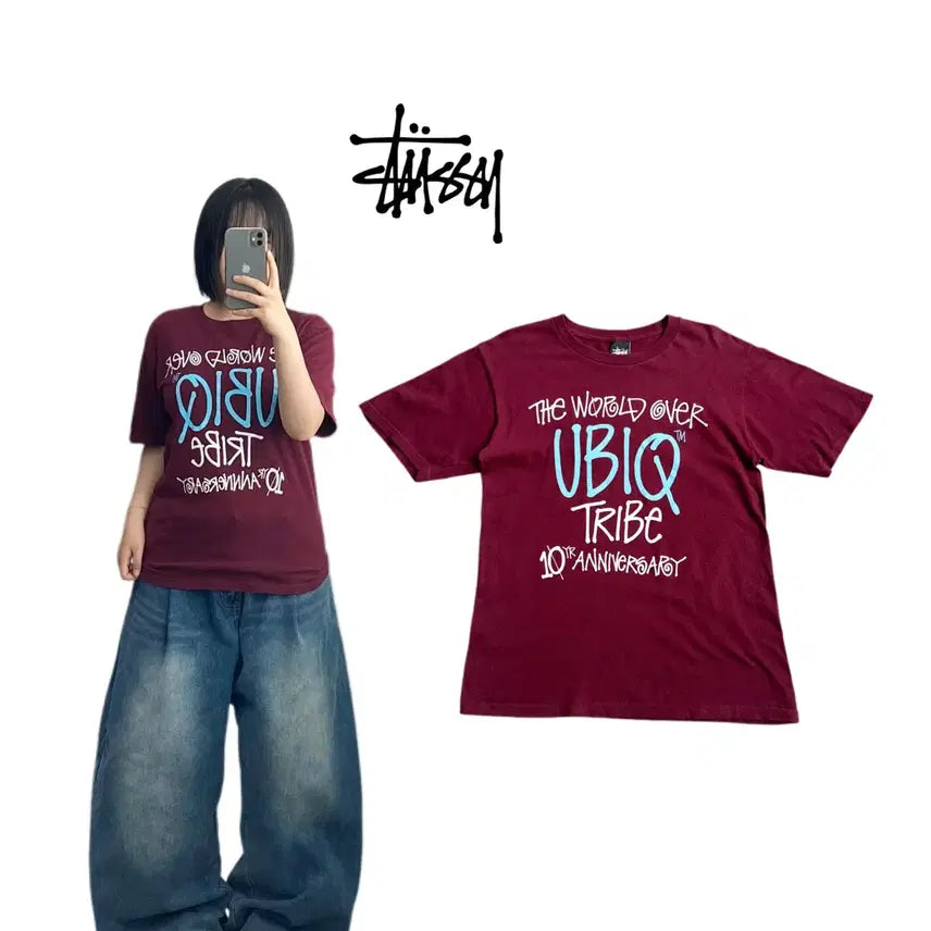 [BUNJANG] Stussy x UNIQ Burgundy Short Sleeve T-Shirt / 스투시 X UNIQ 반팔 티셔츠 버건디