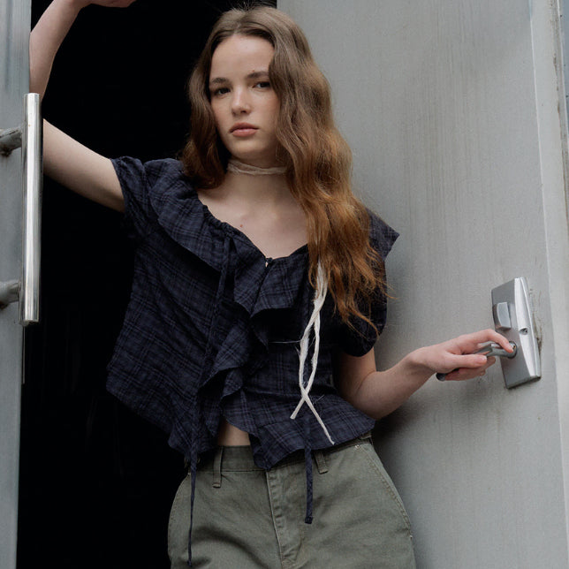 [BUNJANG] Fribo07 Ruffle Off-Tie Blouse Navy / [새상품/택0]프리버07 Ruffle off tie blouse 네이비