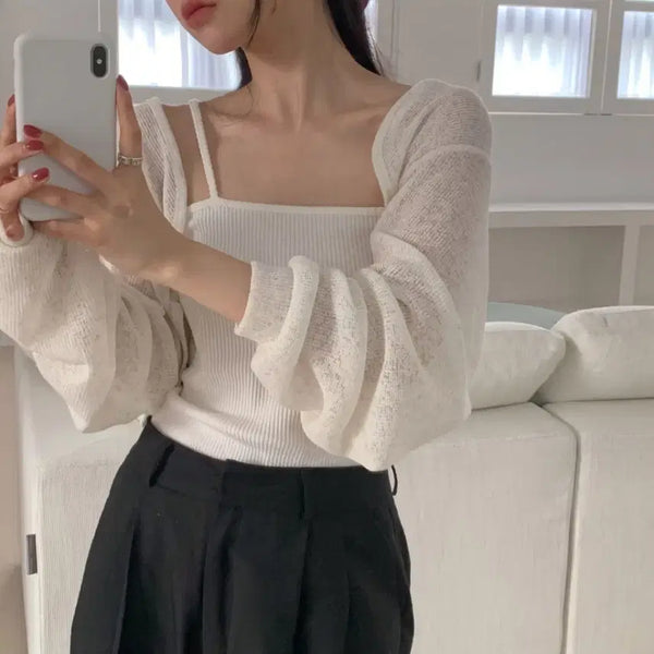 [BUNJANG] Linen Bolero Cardigan (Oatmeal, Black) / 린넨 볼레로 가디건 (오트밀,블랙)