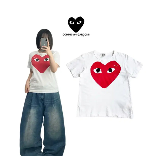 [BUNJANG] Comme des Garçons Red Double Heart Big Logo T-Shirt / 꼼데가르송 레드 더블 하트 빅로고 반팔 티셔츠