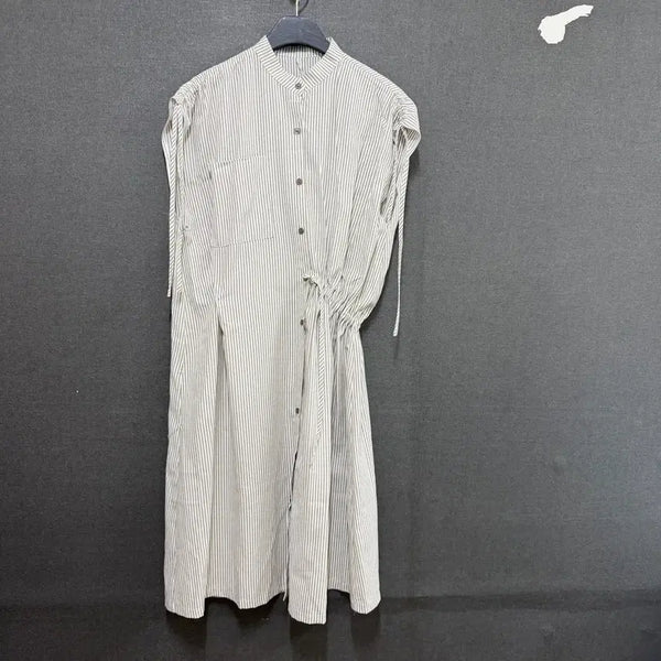 [BUNJANG] Women's Striped Sleeveless String Shirt Dress - Beige / F 여성 스트라이프 나시 스트링 셔츠 원피스 베이지 BO2608