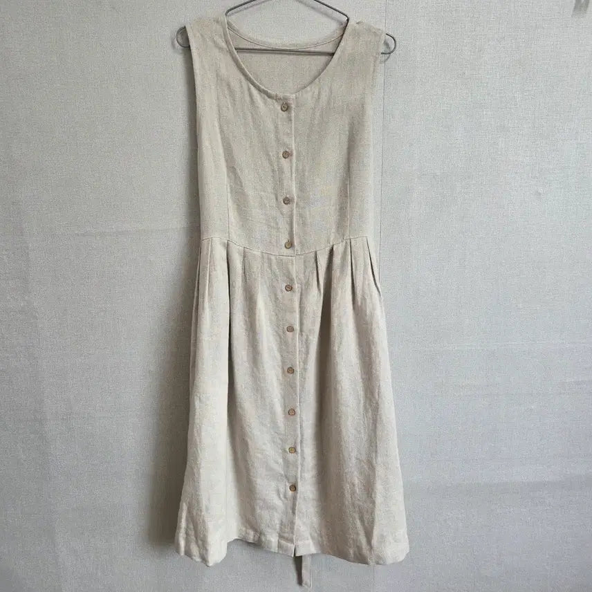[BUNJANG] Women's Linen Sleeveless Button Dress Beige / 여성 린넨 민소매 단추 원피스 베이지 F JJ3059