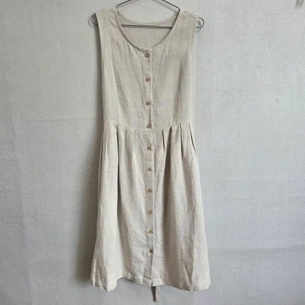 [BUNJANG] Women's Linen Sleeveless Button Dress Beige / 여성 린넨 민소매 단추 원피스 베이지 F JJ3059