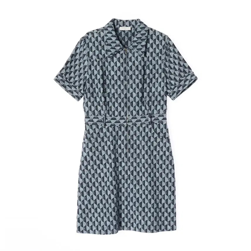 [BUNJANG] Sandro 21SS Monogram Pattern Cotton Jacquard Short Sleeve Zip-Up Dress / 산드로 21SS 모노그램 패턴 코튼 자카드 반팔 집업 원피스