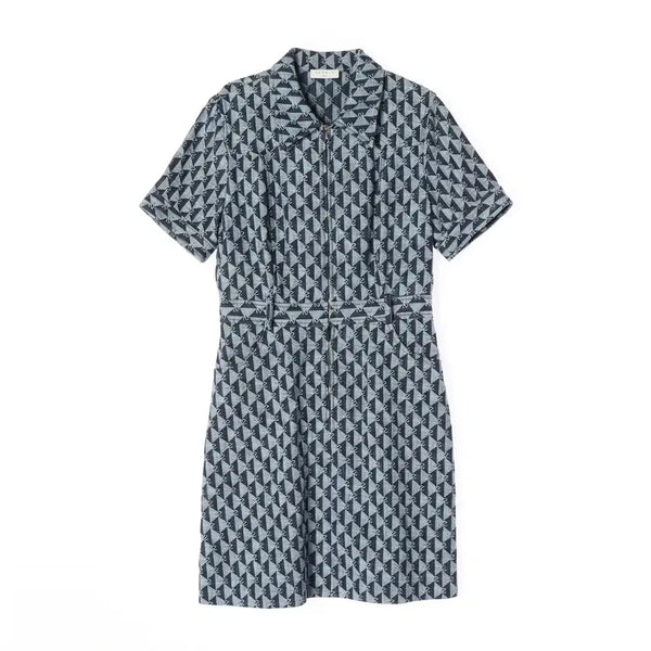 [BUNJANG] Sandro 21SS Monogram Pattern Cotton Jacquard Short Sleeve Zip-Up Dress / 산드로 21SS 모노그램 패턴 코튼 자카드 반팔 집업 원피스