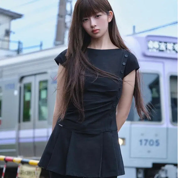 [BUNJANG] Miseki Seoul Pleated Button Mini Dress Black Size 2 / 미세키서울 플리츠 버튼 미니원피스 블랙 2사이즈