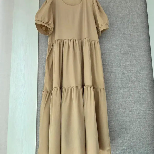 [BUNJANG] Beige Volume Sleeve Long Dress / 베이지 볼륨소매 풍성롱원피스