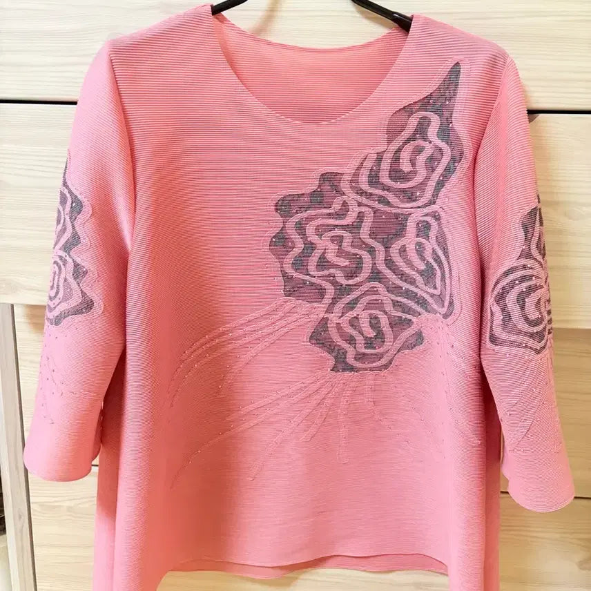 [BUNJANG] Pink Pleated Short Sleeve T-Shirt / 분홍 플리츠 반팔 티셔츠 주름 티셔츠