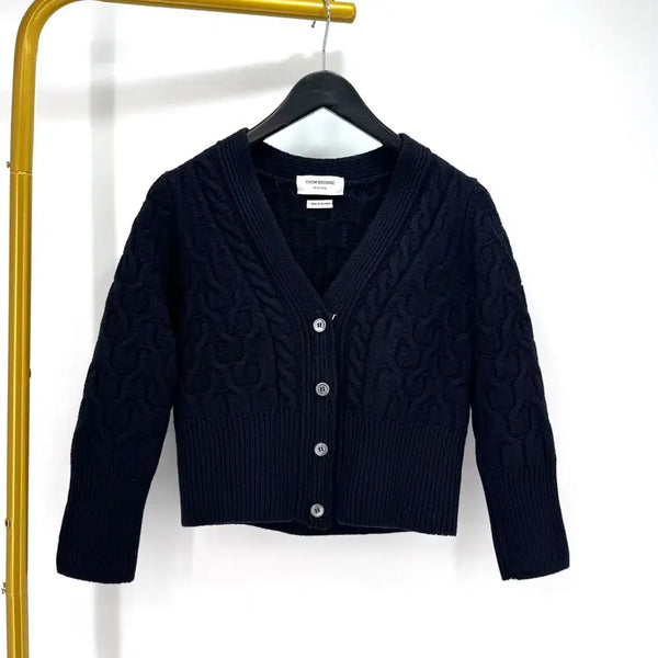 [BUNJANG] Thom Browne 23FW Women's Cable V-Neck Wool Cardigan Navy (Size 38) / 23FW 톰브라운 케이블 V넥 여성 울 가디건 네이비 38사이즈 (FKC527A)