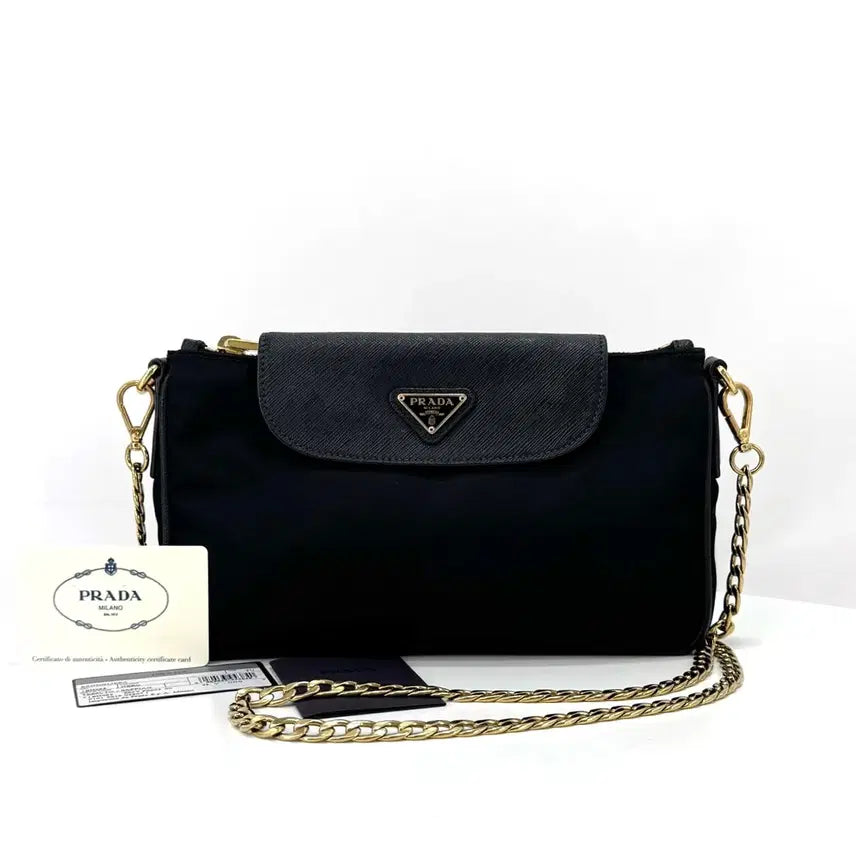 [BUNJANG] Prada Triangle Logo Nylon Chain Crossbody Bag Black (1BH085) / 프라다 삼각로고 나일론 체인 크로스백 블랙 (1BH085)
