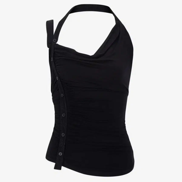 [BUNJANG] Please No Follow Hush Button Halter Sleeveless Top Black / 플리즈노팔로우 허쉬 버튼 슬리브리스 나시 플노팔