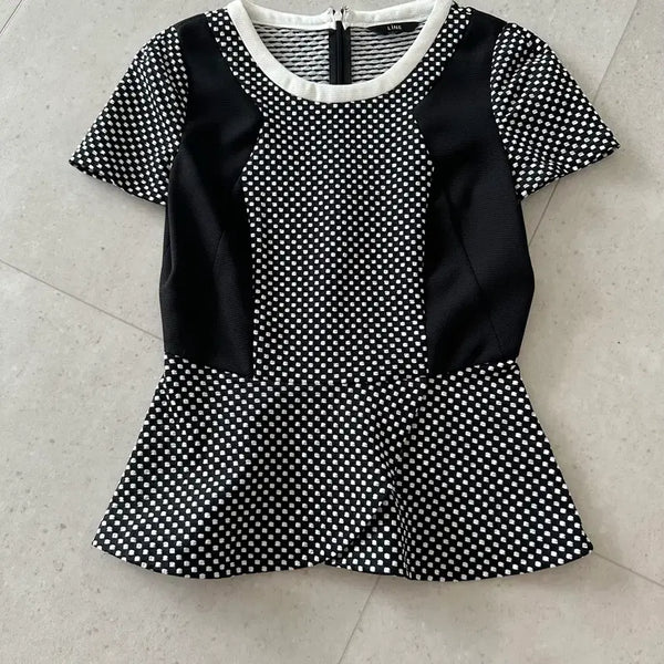 [BUNJANG] LINE Women's Black White Dot Peplum Blouse / 라인 여성 블랙 화이트 도트 페플럼 블라우스