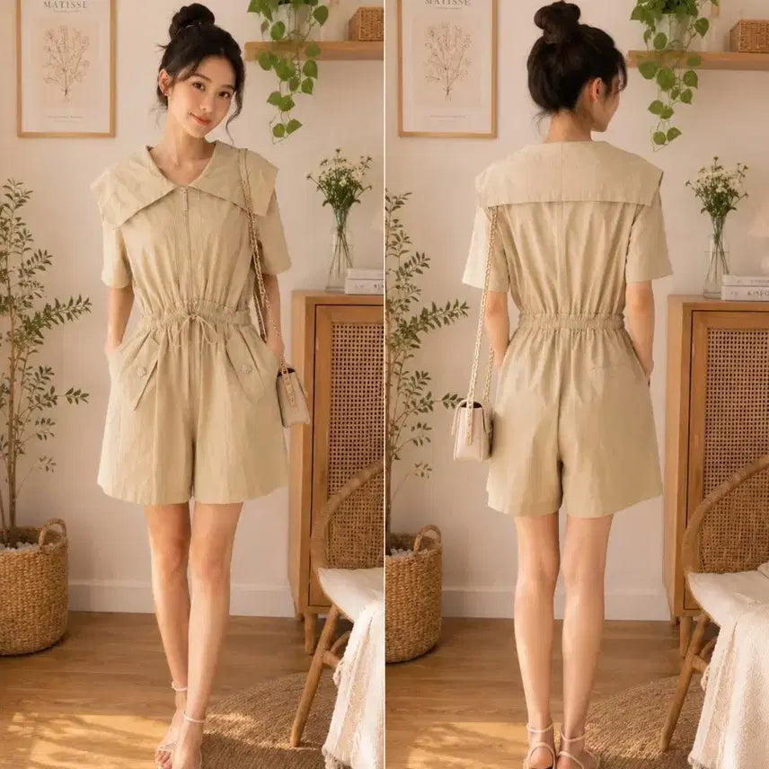 [BUNJANG] Beige Big Collar Short Sleeve Jumpsuit / 베이지색 빅카라 반팔 점프수트