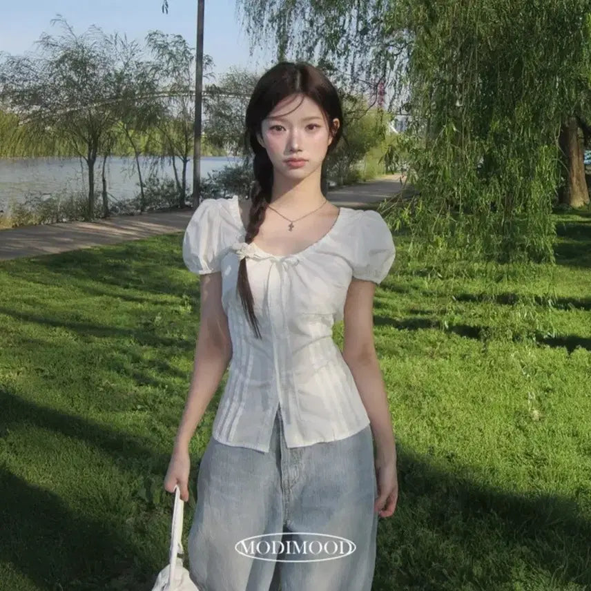 [BUNJANG] ModiMood Picnic Ribbon Round Puff Pintuck Blouse / 모디무드 피크닉 리본 라운드 퍼프 핀턱 블라우스 보통의날 에이블리