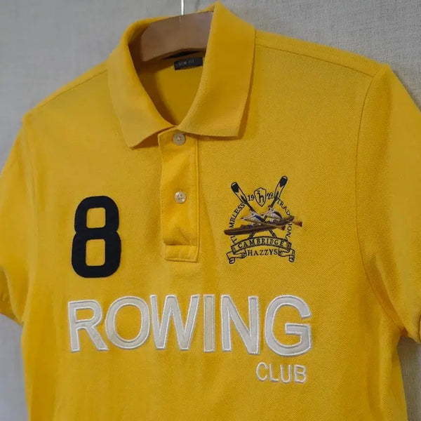 [BUNJANG] HAZZYS Men's Polo Shirt Yellow Embroidered "Cambridge Hazzys Rowing Club" Slim Fit Cotton Size 95-100 / 헤지스 정품 빅자수 남성 반팔 폴로 카라티 여름 순면 티셔츠 95 100