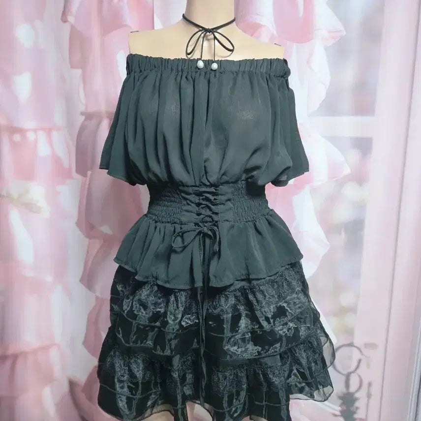 [BUNJANG] ANZU Off-Shoulder Lace-Up Ribbon Blouse / ANZU 오프숄더 레이스업 리본 블라우스