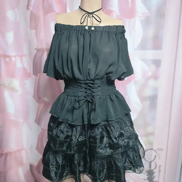 [BUNJANG] ANZU Off-Shoulder Lace-Up Ribbon Blouse / ANZU 오프숄더 레이스업 리본 블라우스