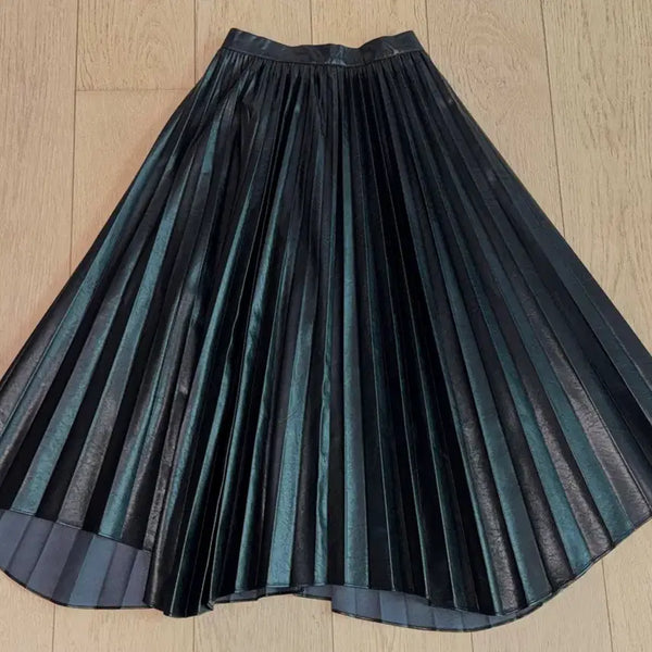 [BUNJANG] Riel Unbalance Pleats Long Skirt Black Leather S / 르엘_Unbalance pleats long skirt_블랙 레더_s