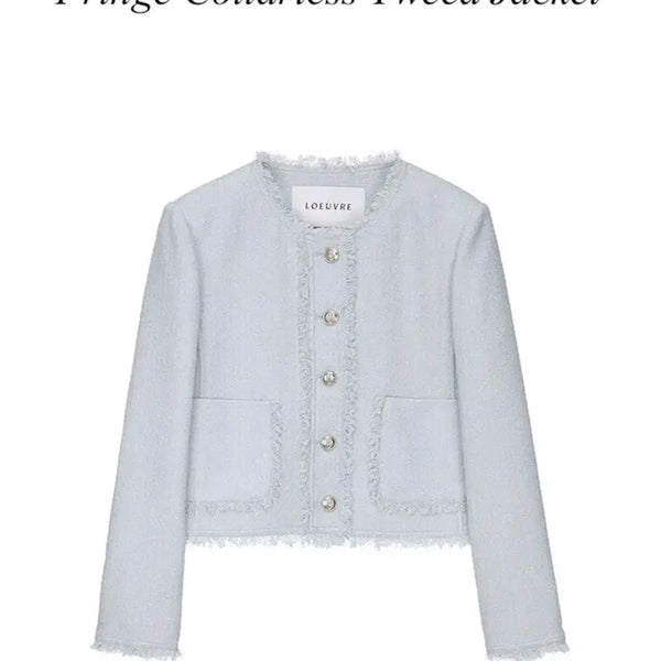 [BUNJANG] L'OBJET Fringe Collarless Tweed Jacket Light Blue Size 1 / 루에브르 프린지 칼라리스 트위드 자켓 라이트블루 사이즈1