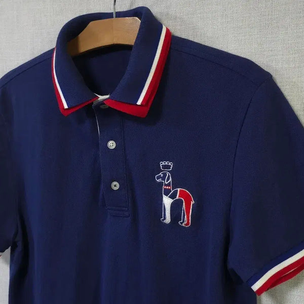 [BUNJANG] HAZZYS Men's Navy Puppy Embroidered Pique Polo Shirt - Size 100 Slim Fit / 헤지스 정품 퍼피 빅자수 삼색배색 반팔 피케이 카라티 폴로 티셔츠100 105