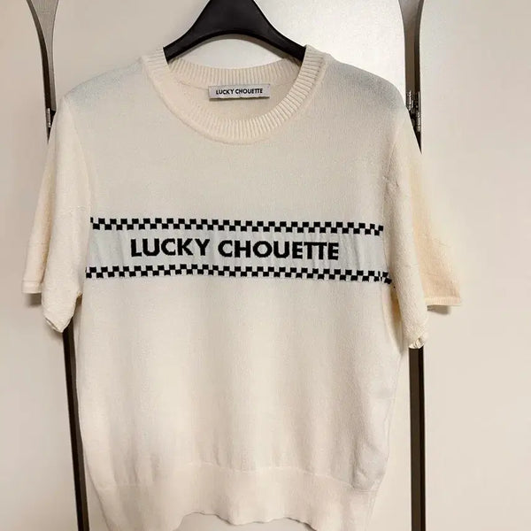 [BUNJANG] Lucky Chouette Ivory Check Knit (Free Size) / 럭키슈에뜨 아이보리 체크 니트 F 오염하자없이 깨끗
