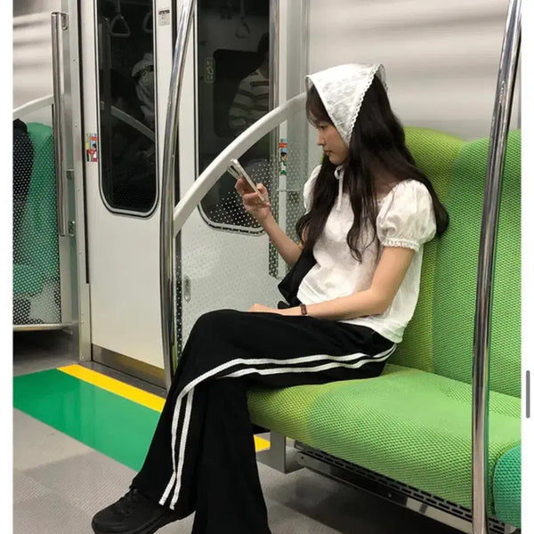 [BUNJANG] Ribbed Lace Track Pants / 새상품 골지 레이스 트레이닝팬츠 블랙/ 츄리닝바지/데일리꾸안꾸