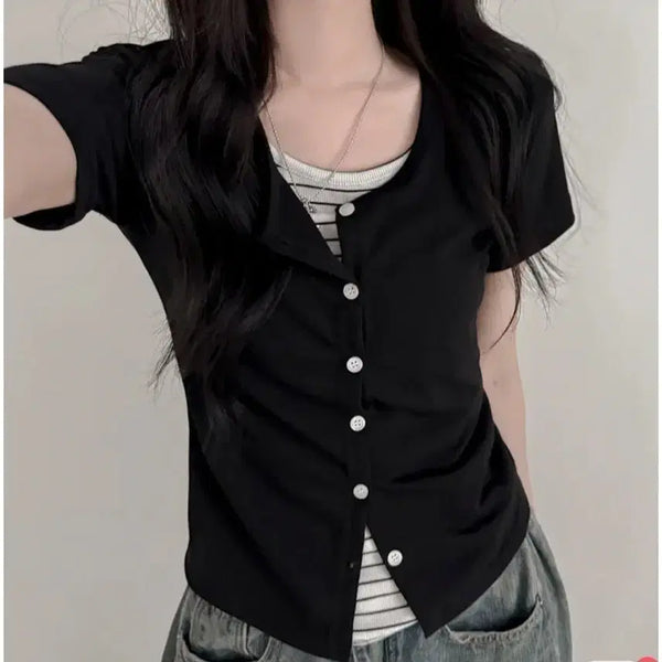 [BUNJANG] Astyle Layered Short Sleeve Cardigan / [에이블리] 일체형 레이어드 반팔 가디건
