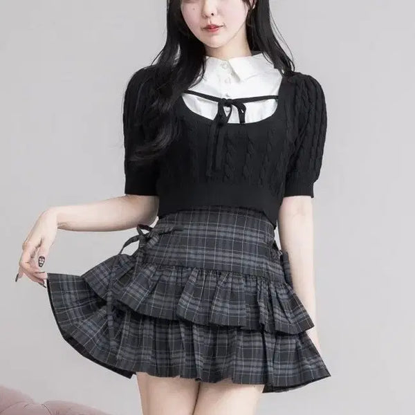 [BUNJANG] Pium Side Ribbon Tiered Check Mini Skirt Black / 오늘만) 피움 pium 사이드 리본 티어드 체크 미니스커트 스커트 치마 블랙