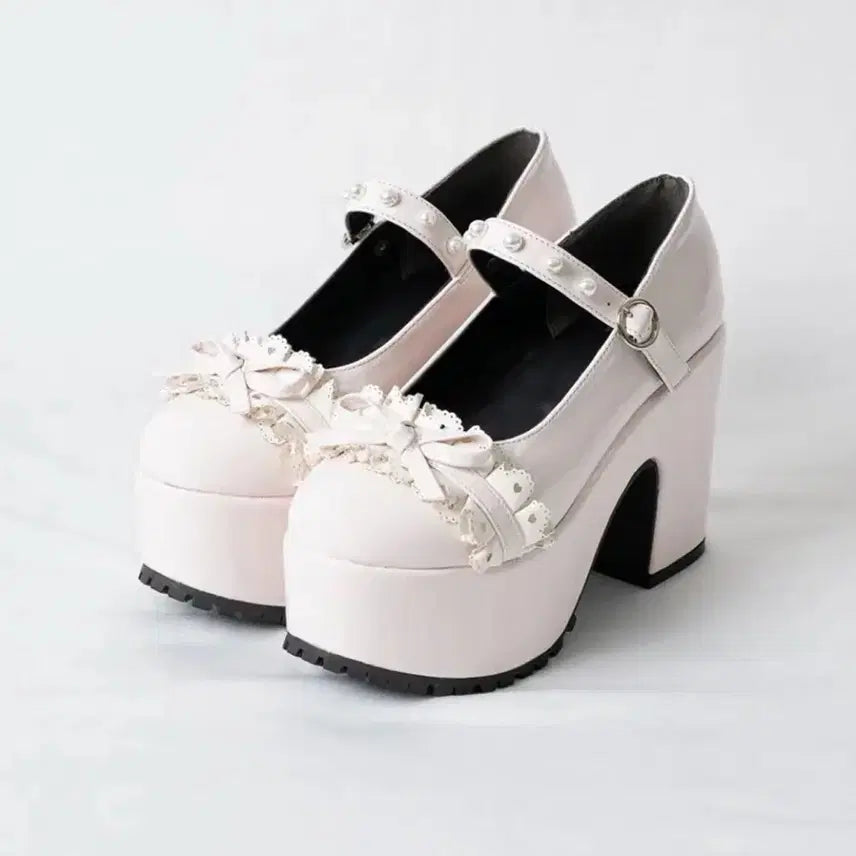 [BUNJANG] Pium Lace Frill Enamel Pumps Pink / pium 레이스 프릴 에나멜 펌프스 핑크 피움 스나계 걸리계 지뢰계 양산형 리즈리사 구두 통굽
