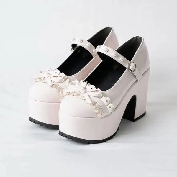 [BUNJANG] Pium Lace Frill Enamel Pumps Pink / pium 레이스 프릴 에나멜 펌프스 핑크 피움 스나계 걸리계 지뢰계 양산형 리즈리사 구두 통굽