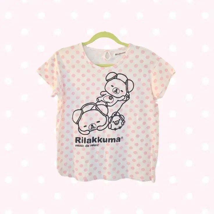 [BUNJANG] Rilakkuma Pink Dot Short-Sleeve T-Shirt / 초희귀 리락쿠마 핑크 도트 반팔 티셔츠 히메갸루 코리락쿠마 산엑스