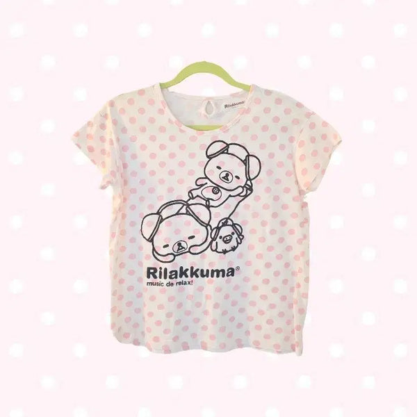 [BUNJANG] Rilakkuma Pink Dot Short-Sleeve T-Shirt / 초희귀 리락쿠마 핑크 도트 반팔 티셔츠 히메갸루 코리락쿠마 산엑스