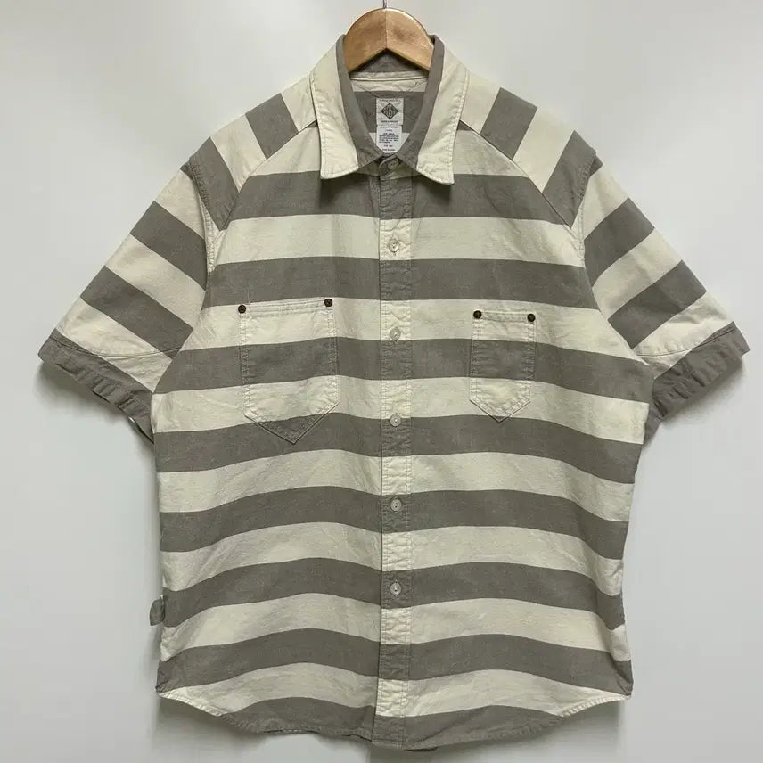 [BUNJANG] POST O'ALLS Japan Stripe Short Sleeve Work Shirt (Men's L) / [남자 105]포스트오버롤즈 재팬 스트라이프 반팔 워크 셔츠