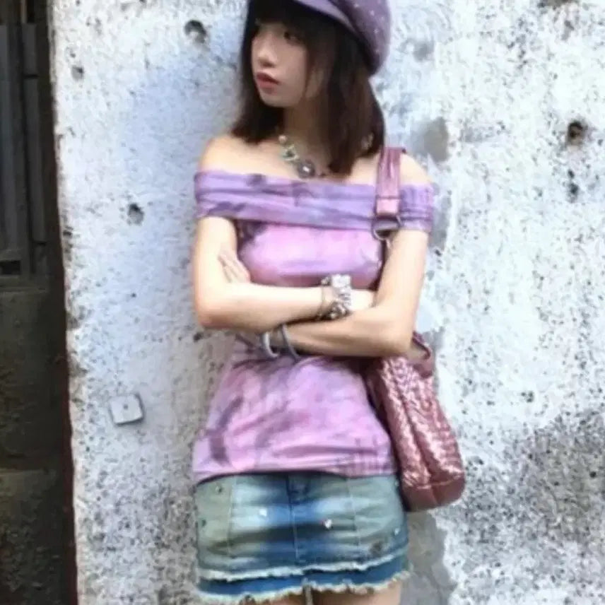 [BUNJANG] Y2K Off-Shoulder T-Shirt - Purple / 급처 처분 오프숄더 티셔츠 갸루 보라색 y2k 빈티지 옷