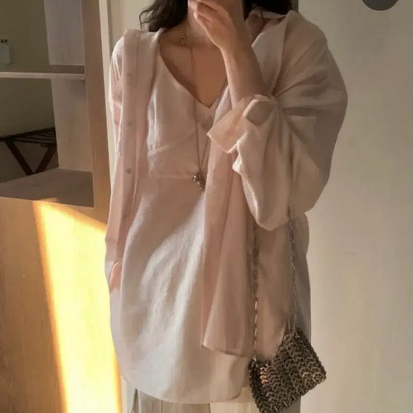 [BUNJANG] Basket Deer Blouse Sleeveless Set / 바스켓 디어 블라우스 나시 세트 시어 민소매 탑 셔츠