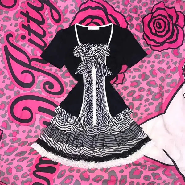 [BUNJANG] Shiro Kitty Zebra Custom Setup Dress - Japanese Vintage Y2K / 갸루 시로키티 지브라 커스텀 셋업 핀터깔 히메 로맨틱 일본빈티지 y2k