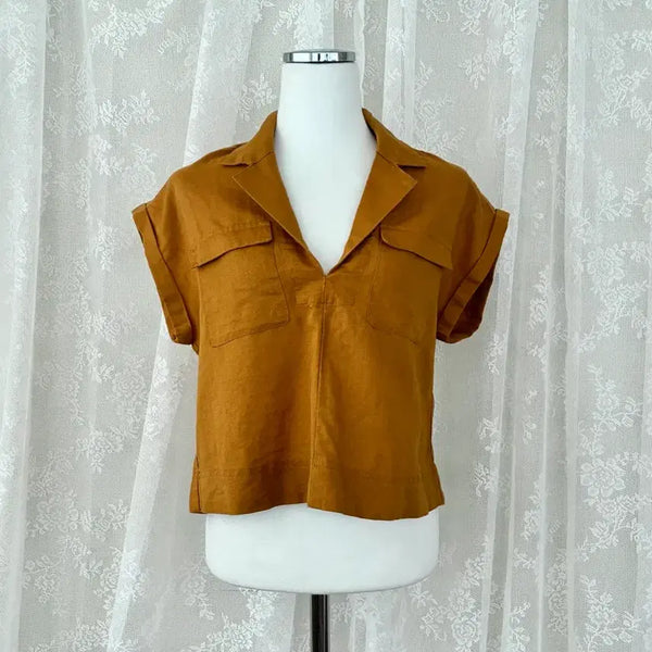 [BUNJANG] Anthropologie Mustard Cropped Utility Pullover Shirt (Cotton-Linen Blend) / XS) 앤트로폴로지 크롭 유틸리티 풀오버 셔츠