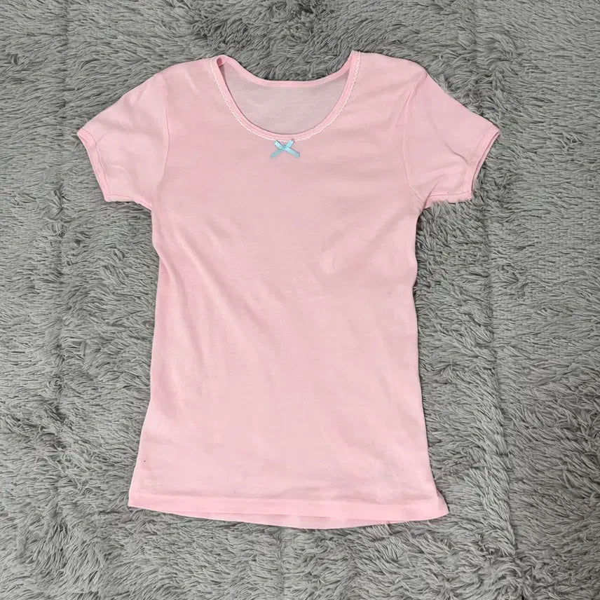 [BUNJANG] Light Pink Blue Ribbon Tight Fit T-Shirt / 연핑크 블루리본 딱붙 반팔 로걀 히메카지 히메갸루