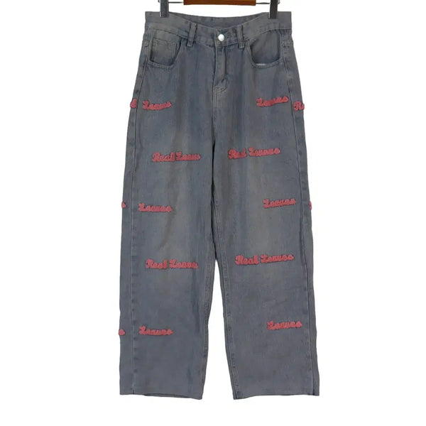 [BUNJANG] Embossed Lettering Light Wash Wide Denim Pants M / 양각 레터링 연청 와이드 데님팬츠 M 자수 청바지